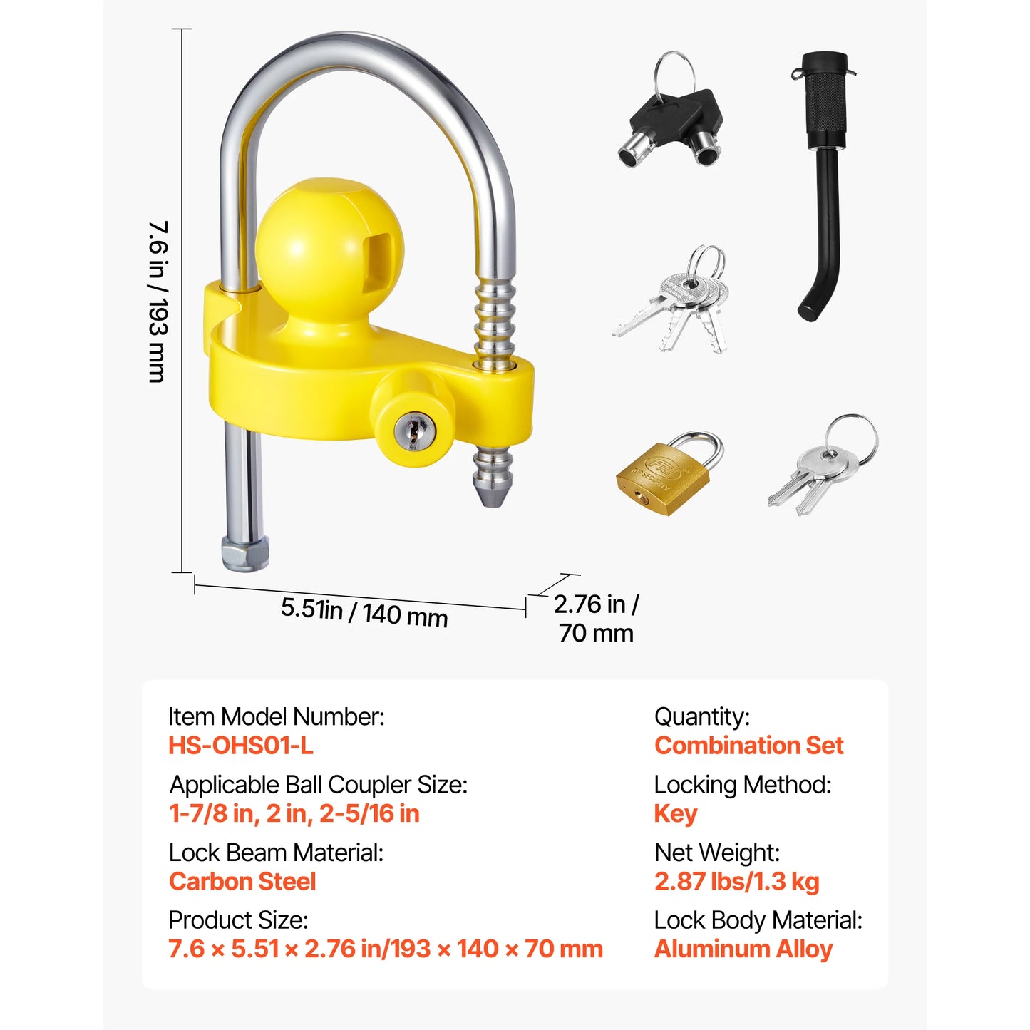 SucceBuy Trailer Hitch Lock Kit Fits for 1-7/8 in 2 in 2-5/16 in Couplers with Keys Adjustable Height Design for RVs Trailers