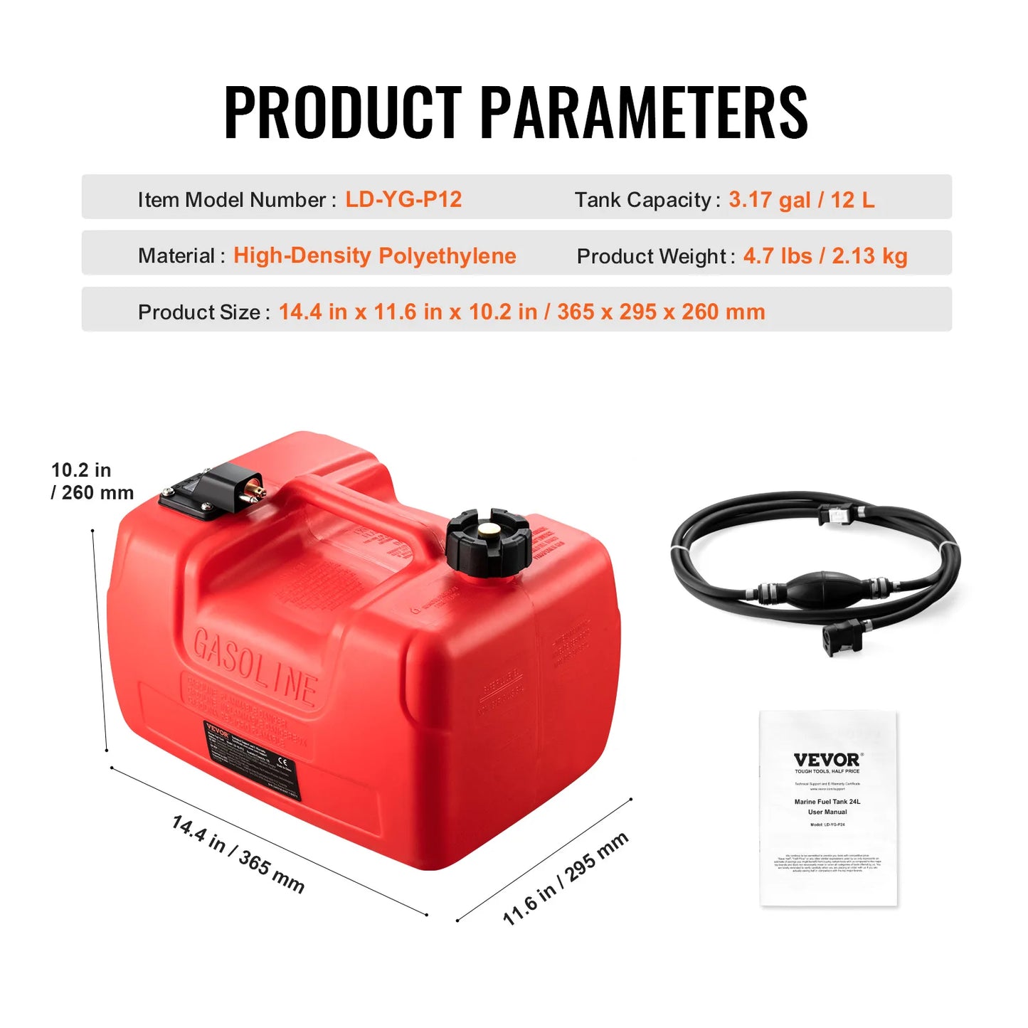 SucceBuy 3Gal/12L Fuel Tank Mororcycle Accessories Petrol Cans with Hose Barrels Gas Spare Container for Yacht Fishing Deck Boat