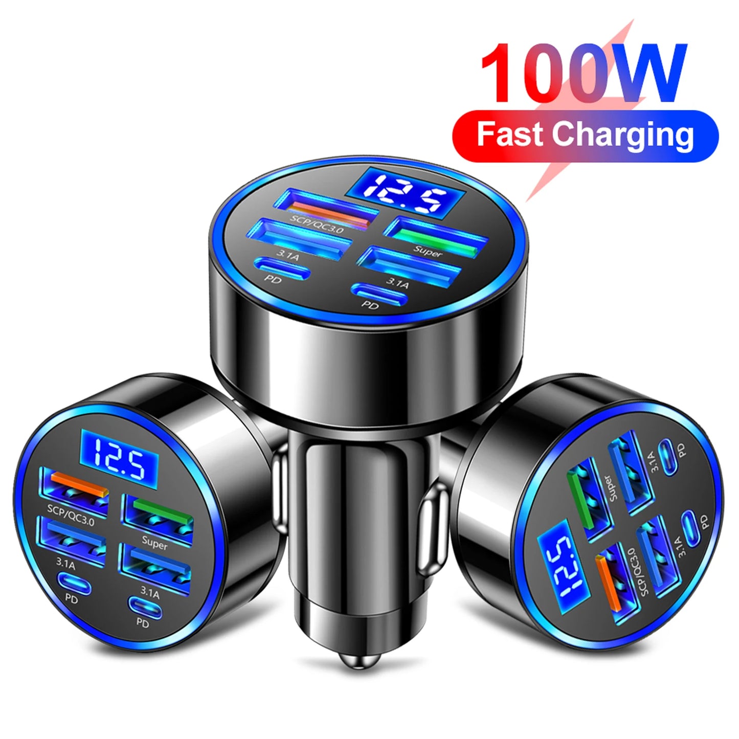 100W 6 Ports Cigarette Lighter Adapter 4USB 2PD Car Charger Adapter Fast Charger for Cell Phones Tablets and Other USB Devices
