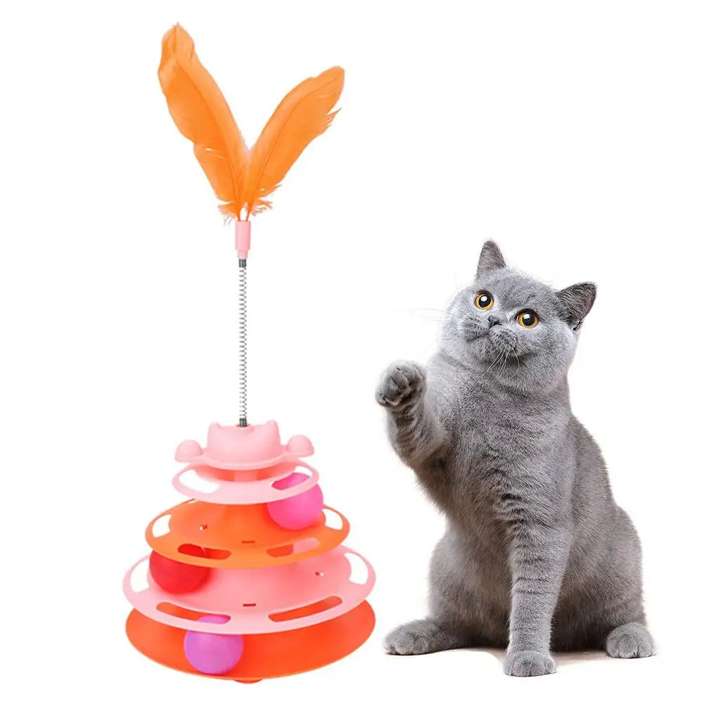Three-layer Rotating Tower with Ball Pattern Feather Cat Toy Indoor Cat Interactive Fun&Christmas New Year Pet Toys