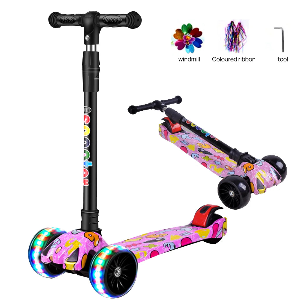 PORIYA Foldable Kids Scooter Adjustable Height Flashing LED Lights 3 Wheels Kick Push