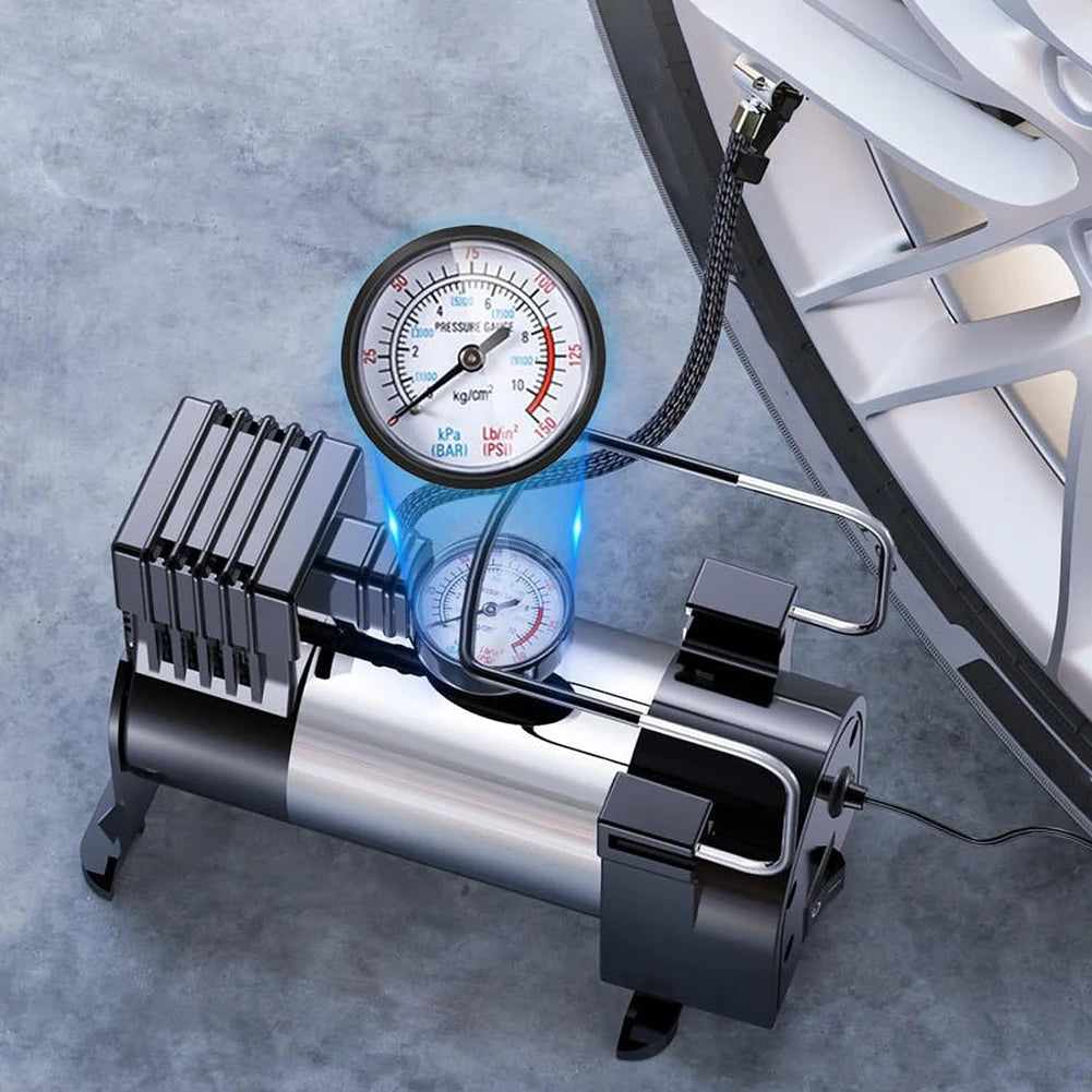 12V Car Tire Pump with Pressure Gauge Car Electric Air Pump Auto Inflatable Pump Heavy Duty Deluxe Portable Metal Air Compressor