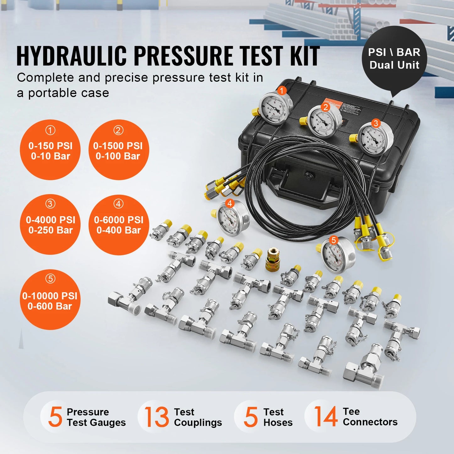 SucceBuy Hydraulic Pressure Test Kits Excavator Hydraulic Test Gauge Sets with Carrying Case for Excavator Tractor Machinery