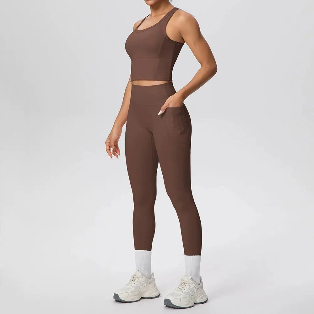 2PCS Yoga Suit Sports Set Women's Push Up Tracksuits Fitness Sports Bra Running Leggings With Pockets Workout Clothes Sportswear