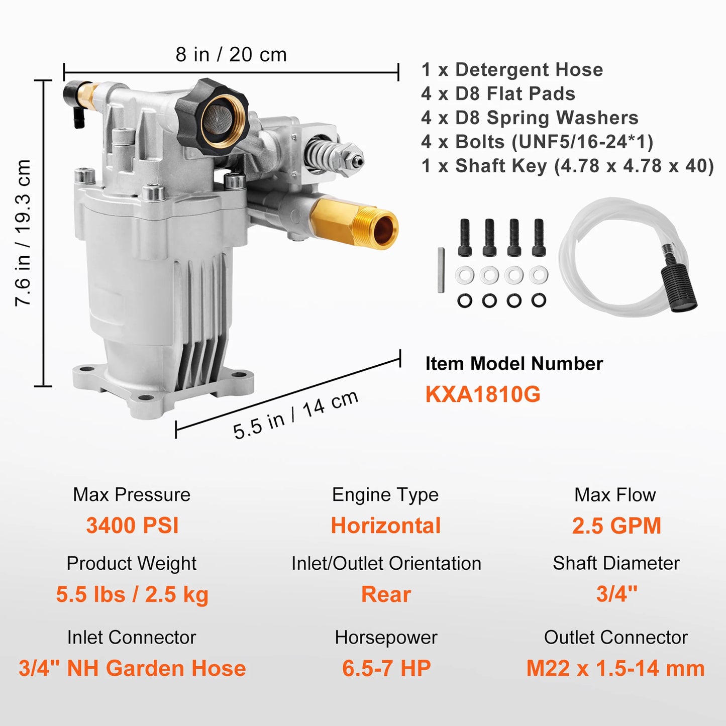 SucceBuy Pressure Washer Pump 3/4"Shaft Horizontal 3400PSI 2.5GPM Replacement Power Washer Pumps Kit Compatible with Honda RYOBI