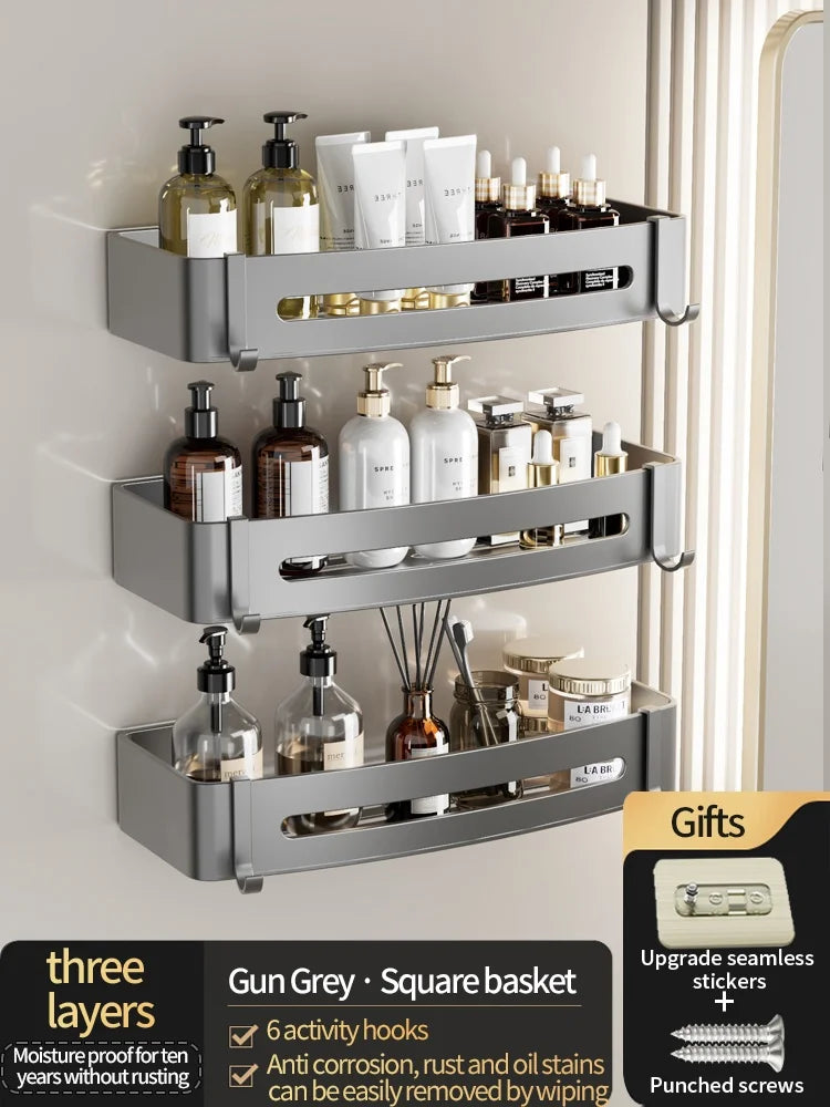 No-Drill Bathroom Shelf Shelves Shampoo Makeup Storage Holder Kitchen Organizer Wall Mounted Bathroom Accessories