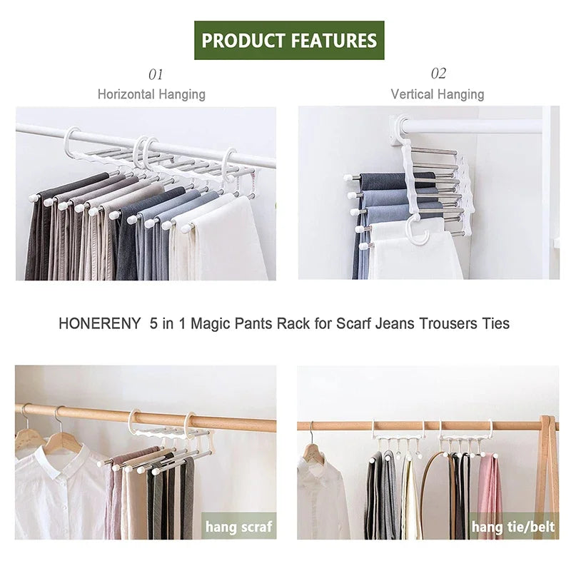 5 in1 Save Space Pants Hanger Collapsible Towel Tie Hook Multi-functional Clothes Trouser Rack Wardrobe Closet Organizer Storage