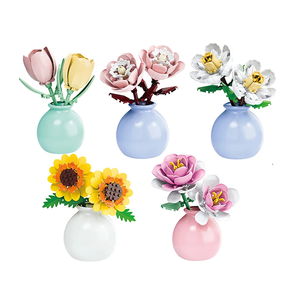 HUIQIBAO MOC Flower with Vase Model Building Block DIY Eternal Bouquet Home Desk Desk Plant Decor Brick Girl Gift Children Toy
