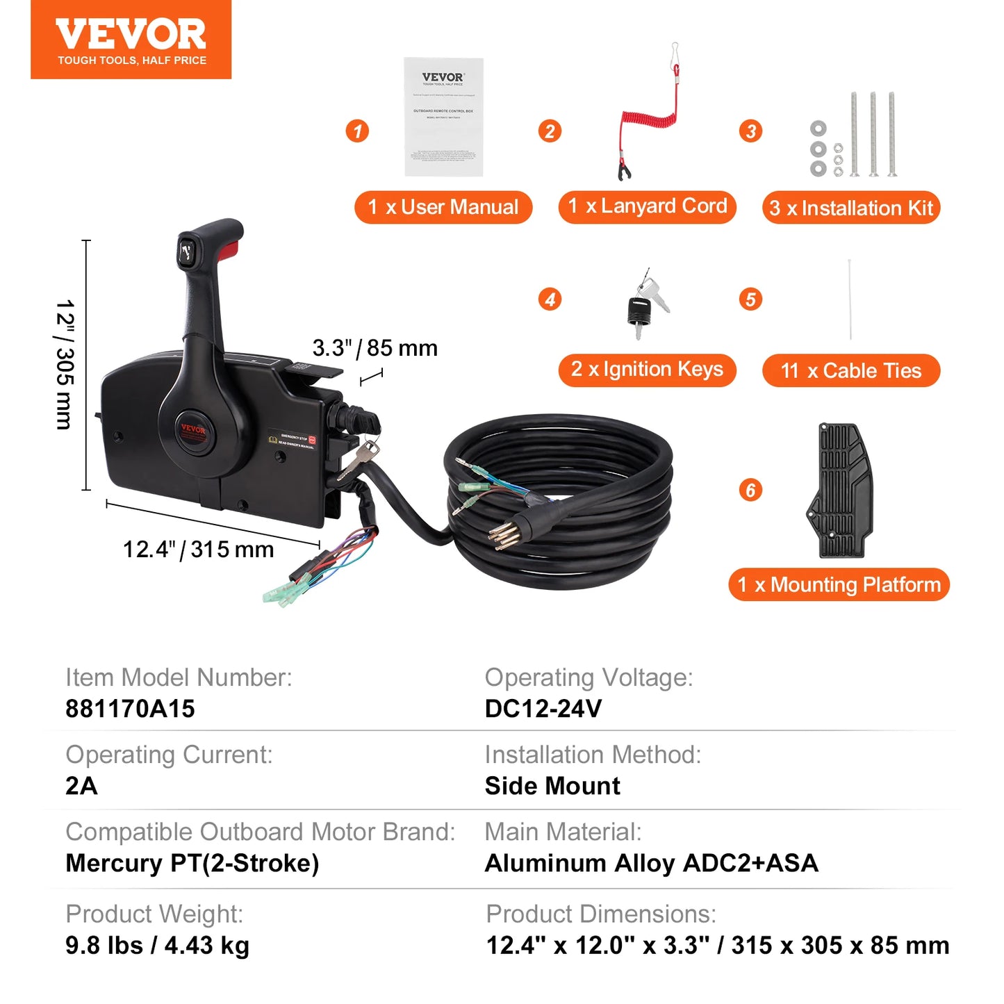 SucceBuy Boat Throttle Control Side Mounted Outboard Remote Box for Mercury PT 4Stroke Marine Power Trim Switch Harness Lanyard