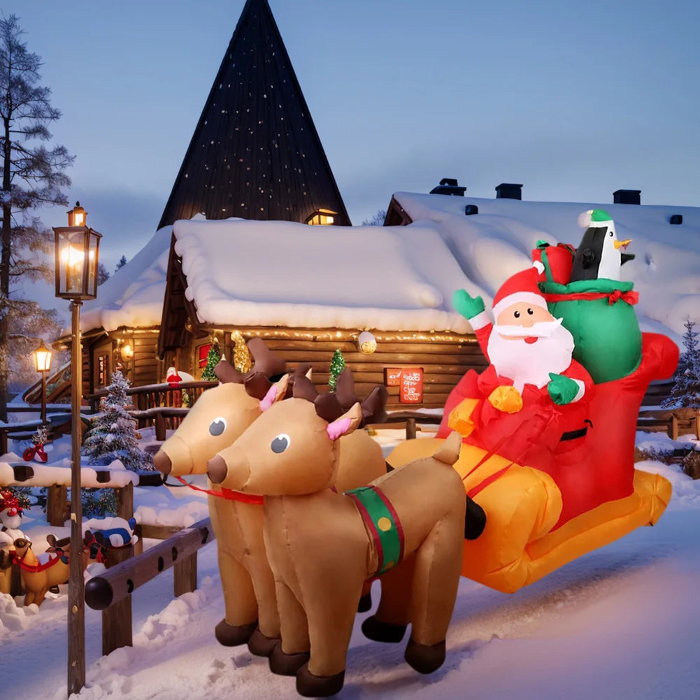 2.2m Xmas Holiday Inflatable Yard Decor Santa Sleigh with Reindeer LED Christmas Toy Home Decorations Supplies Ornament Gift