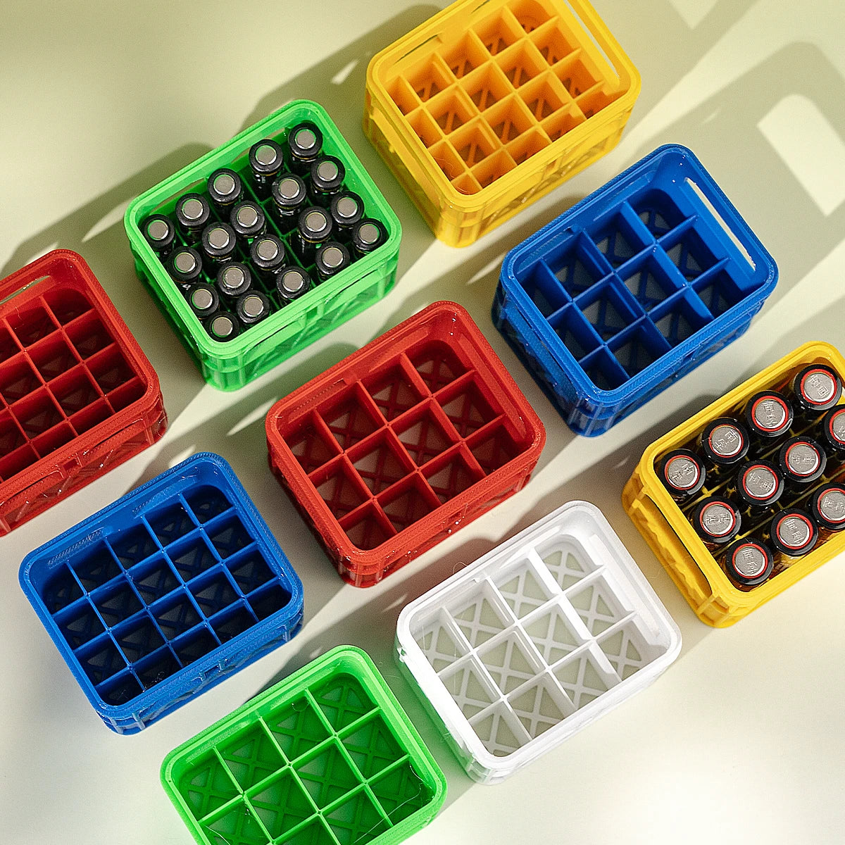 3D printed beer crate style stackable battery storage box, AA and AAA sizes, 18650 21700 9V.