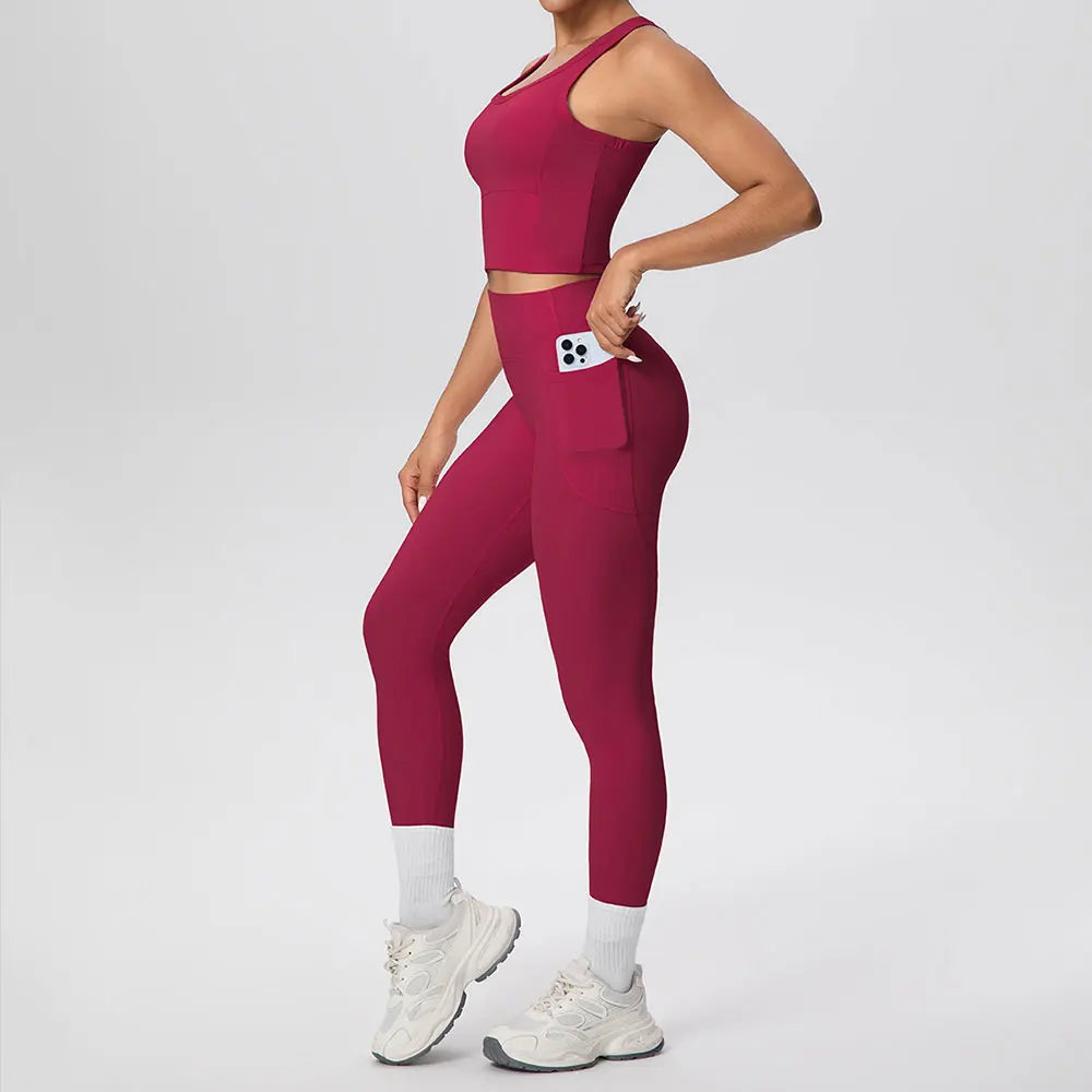 2PCS Yoga Suit Sports Set Women's Push Up Tracksuits Fitness Sports Bra Running Leggings With Pockets Workout Clothes Sportswear