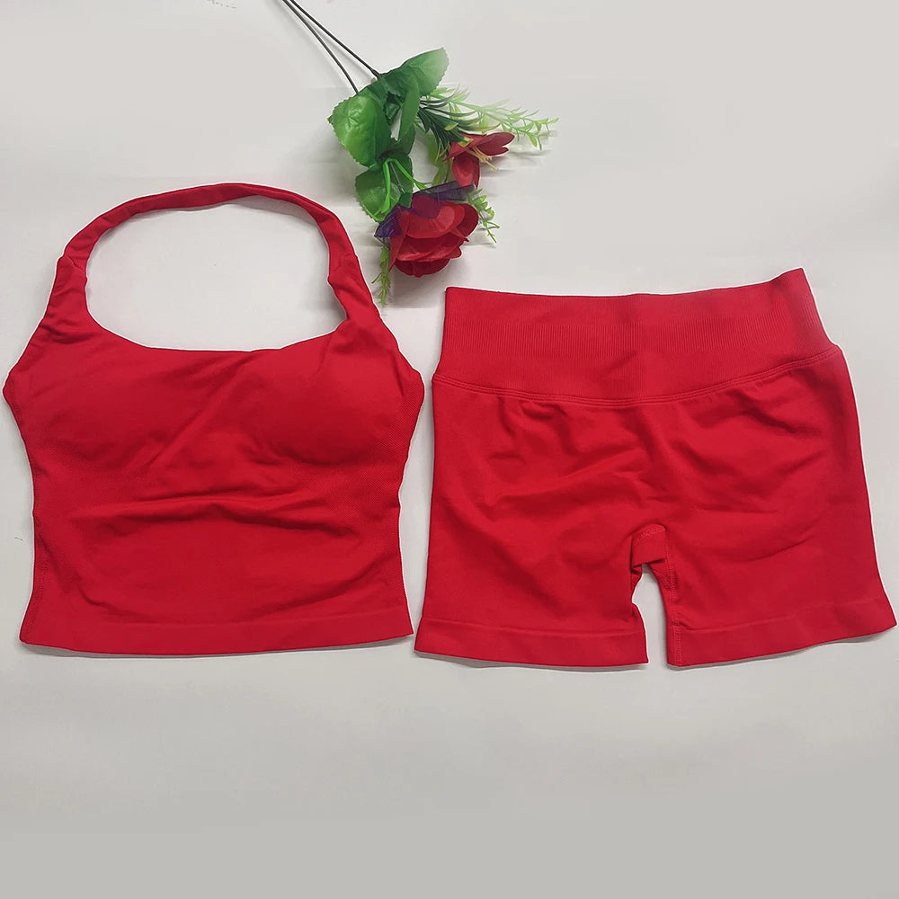 Yoga Outfit DFNNYE Two Pieces Gym Set Women DF Impact Yoga Outfits Backless Halter Top Shorts Fitness Clothes Workout Sets