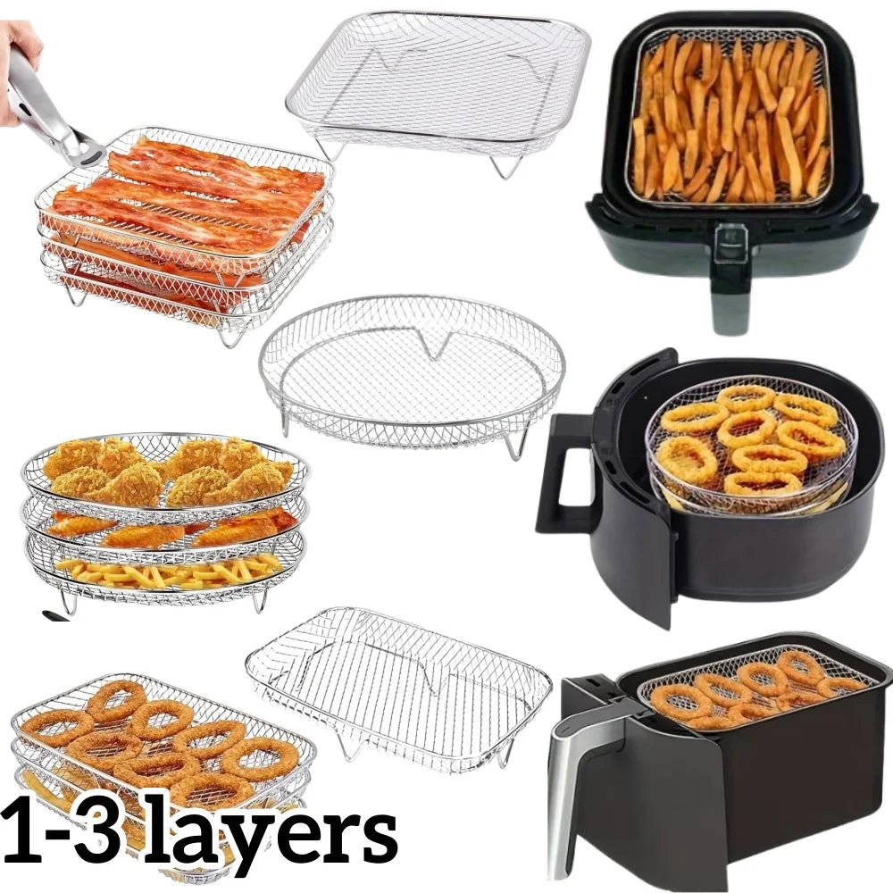 1/3Layer Stainless Steel Air Fryer Accessories Stackable BBQ Grill Rack Food Frying Basket Multipurpose for Baking Cooking Tool