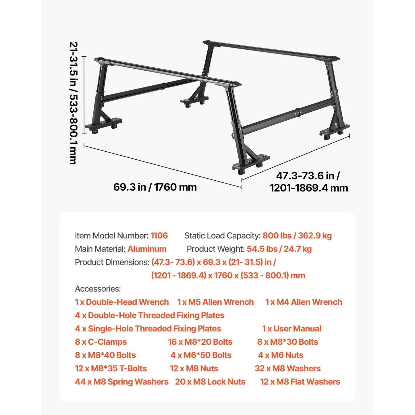SucceBuy Truck Ladder Rack 49-73 in Width Extendable Universal Rack Heavy Duty Steel with 800lbs Static Load Capacity for Canoes