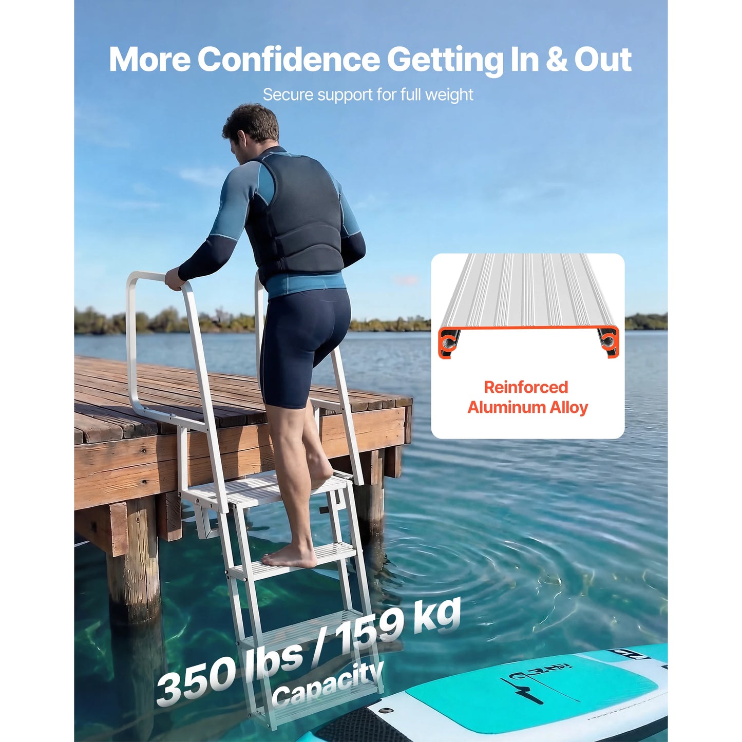 SucceBuy 4/5/6-Step Flip-Up Dock Ladder 350 lbs Aluminum Alloy Pontoon Boat Swim Ladder with Non-Slip Steps for Marine Boarding