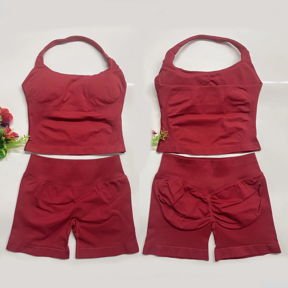 Yoga Outfit DFNNYE Two Pieces Gym Set Women DF Impact Yoga Outfits Backless Halter Top Shorts Fitness Clothes Workout Sets