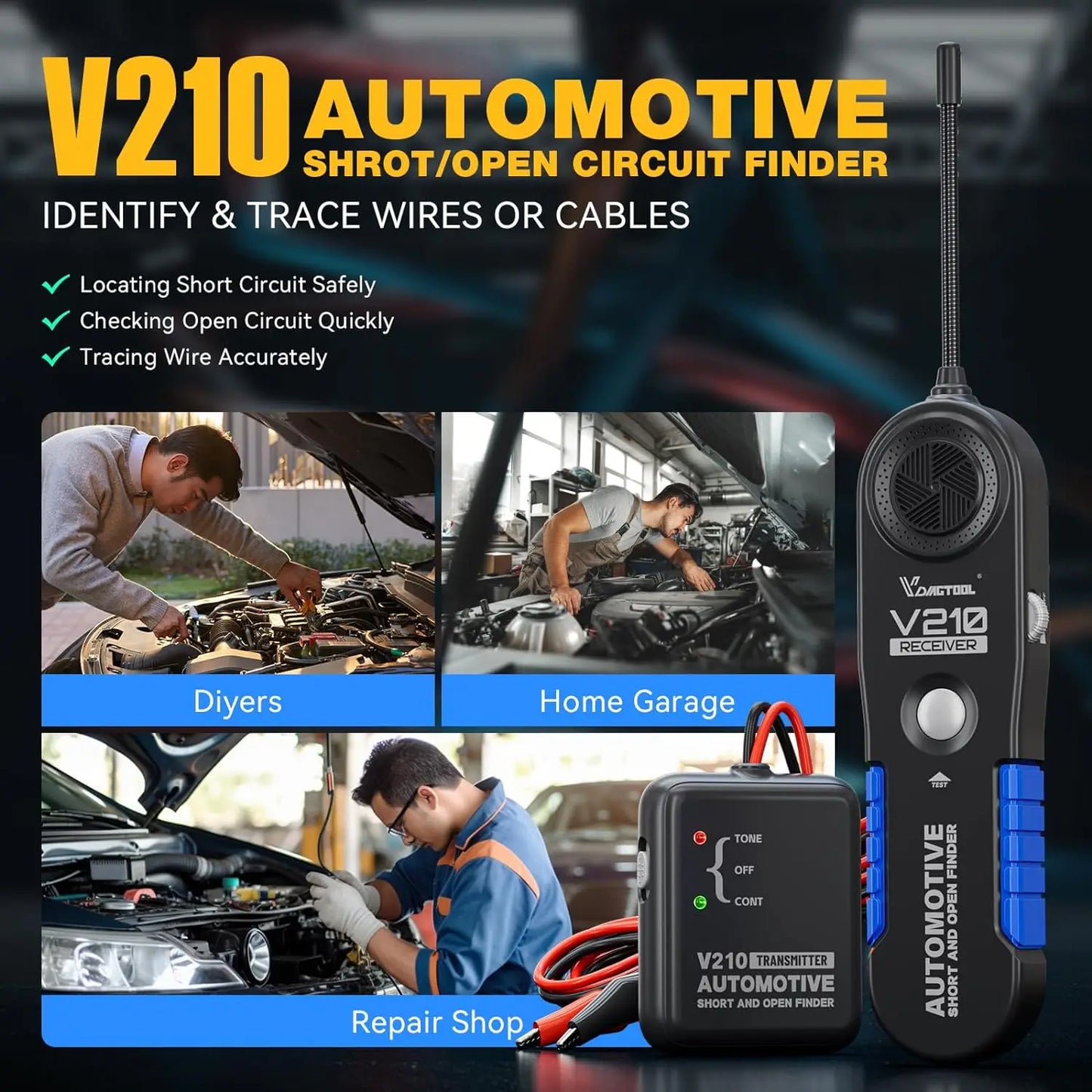 VDIAGTOOL V210 Automotive Circuit Tester Car Electrical Tester Open & Short Finder Wire Breaker Finder Fault Probe Cable Tracker