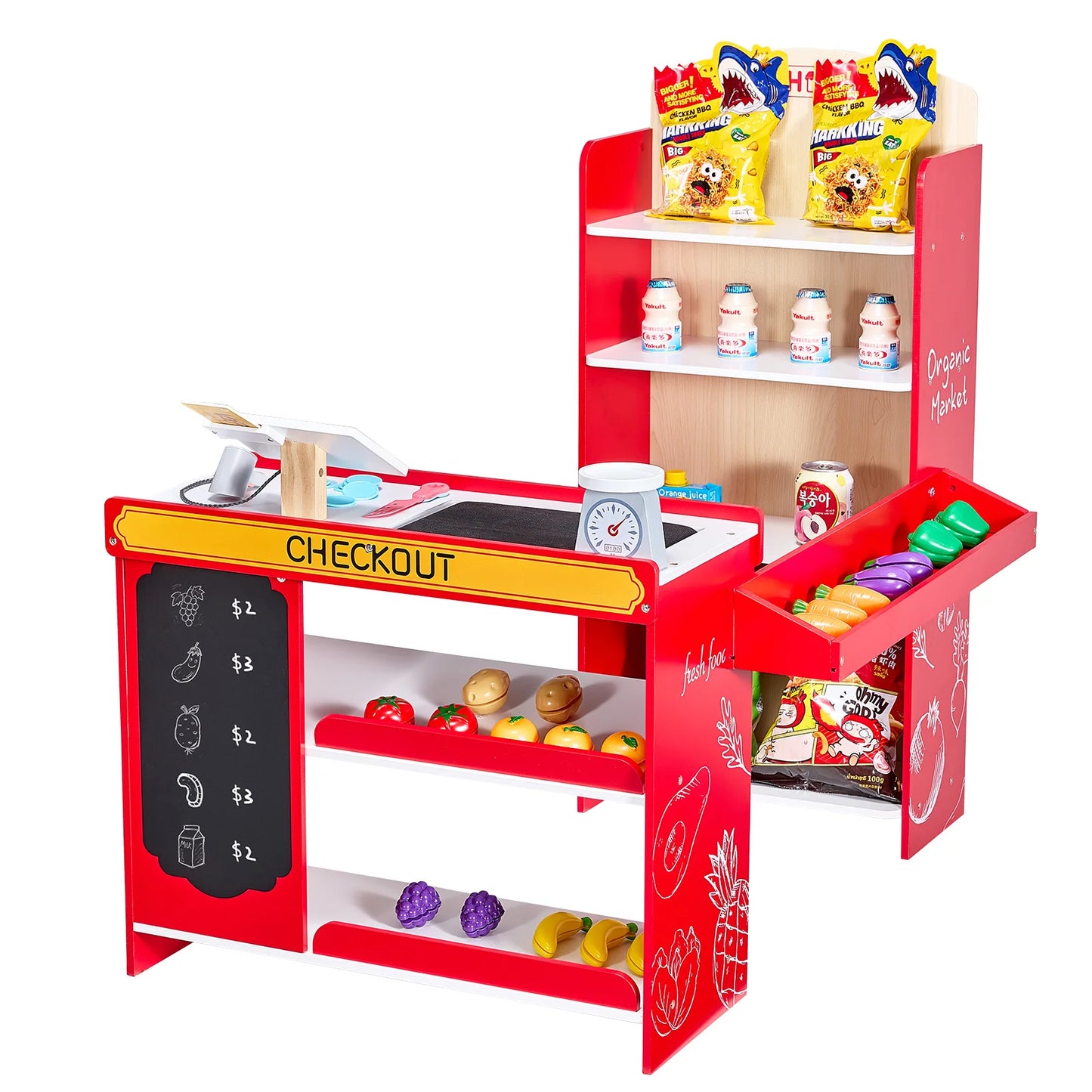 SucceBuy Kids Grocery Store Playset Wooden Play Supermarket Pretend Toy with Scanner & Cash Register for Children Birthday Gifts