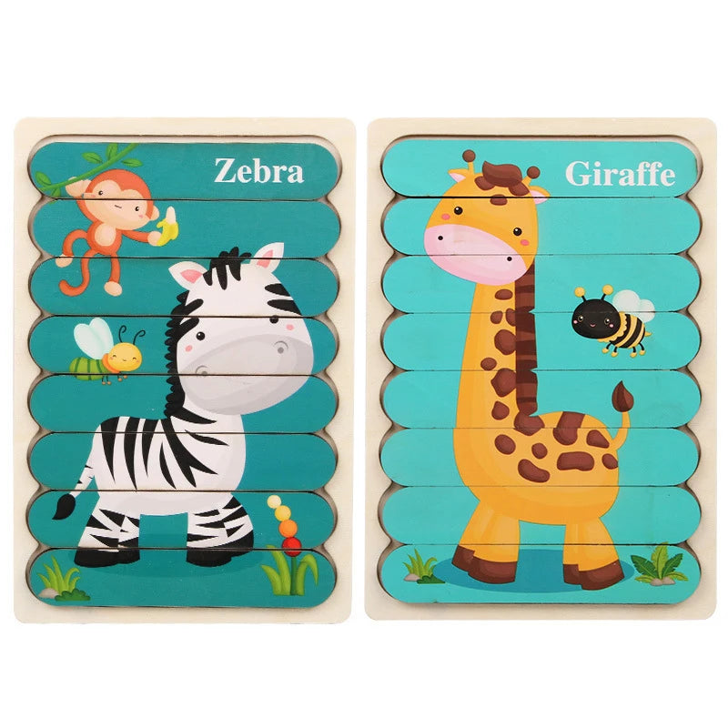 Montessori Baby Wooden Puzzle Toys Kids Educational Game 3D Cartoon Animal Jigsaw Puzzle Toys Activity Board for Child 2 3 Years