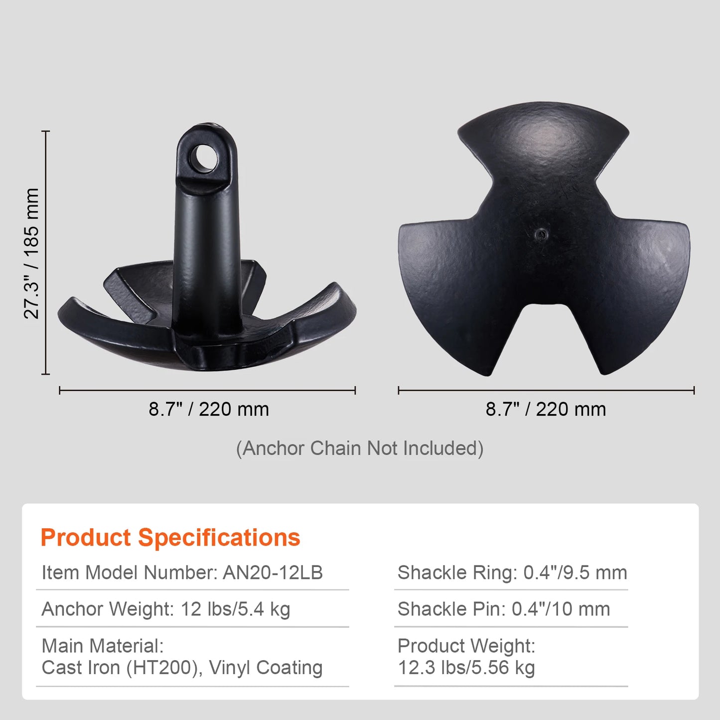 SucceBuy River Anchor 12 lbs Boat Anchor Cast Iron Black Vinyl-Coated with Shackle, Mushroom Anchor Fit for Boats Up To 10 ft
