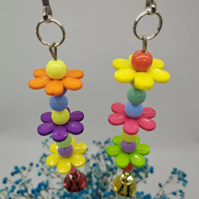 Bird Toys Parrot Chew Toy Bell Pendant Colorful Round Bead Flower String Toy For Parrot Birdcage Accessories Random Color