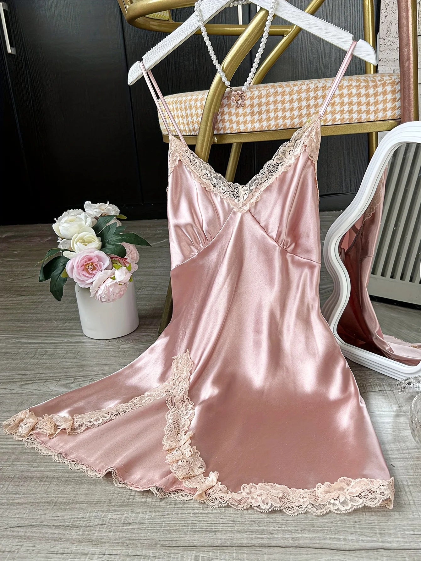Women's Satin V-Neck Lace Trim Chemise 1-Pc Sexy Mini Nightdress