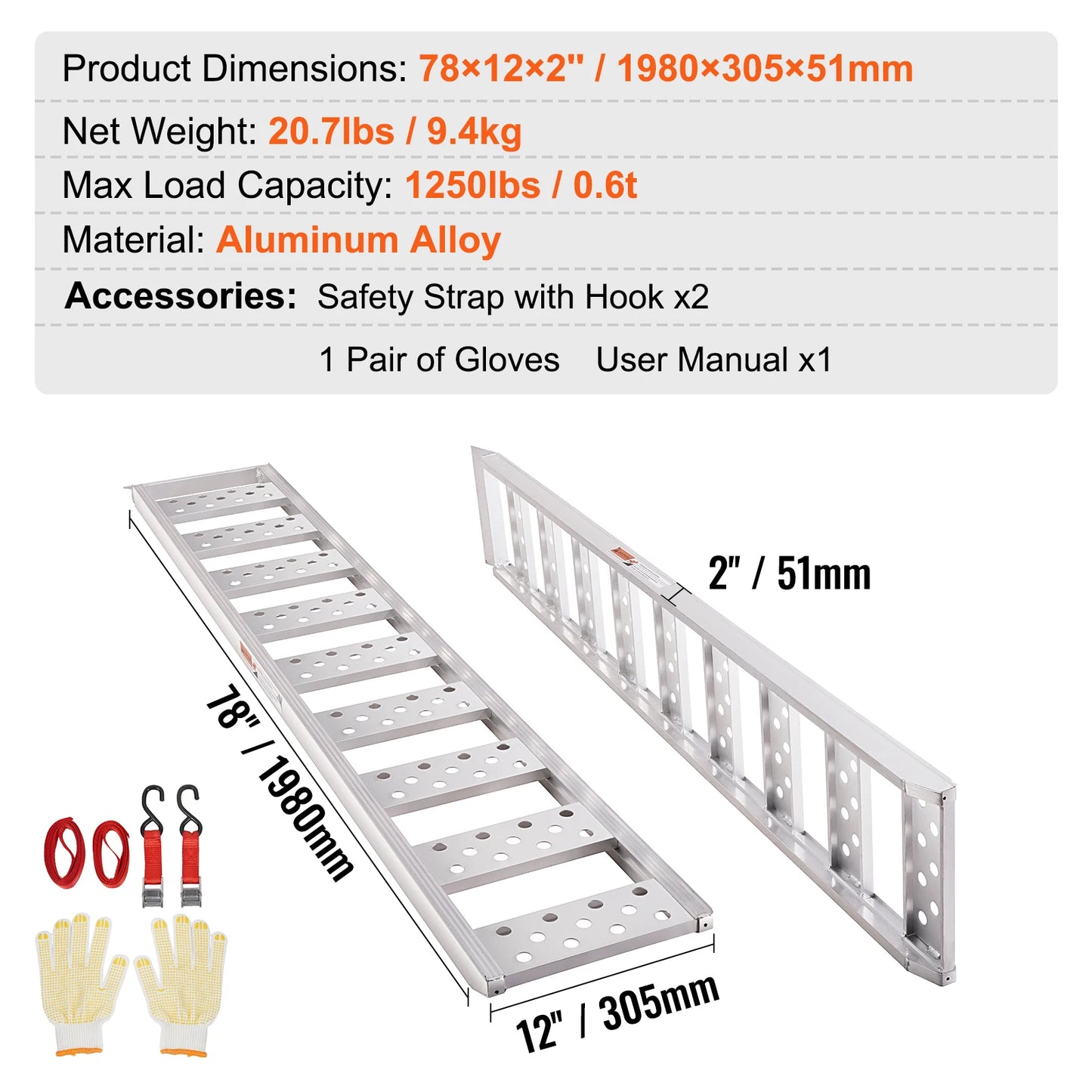 SucceBuy Aluminum Ramps 1250lbs Straight Ramp with Treads and Load Straps Portable Loading Ramp for Motorcycles ATVs Trucks 2Pcs