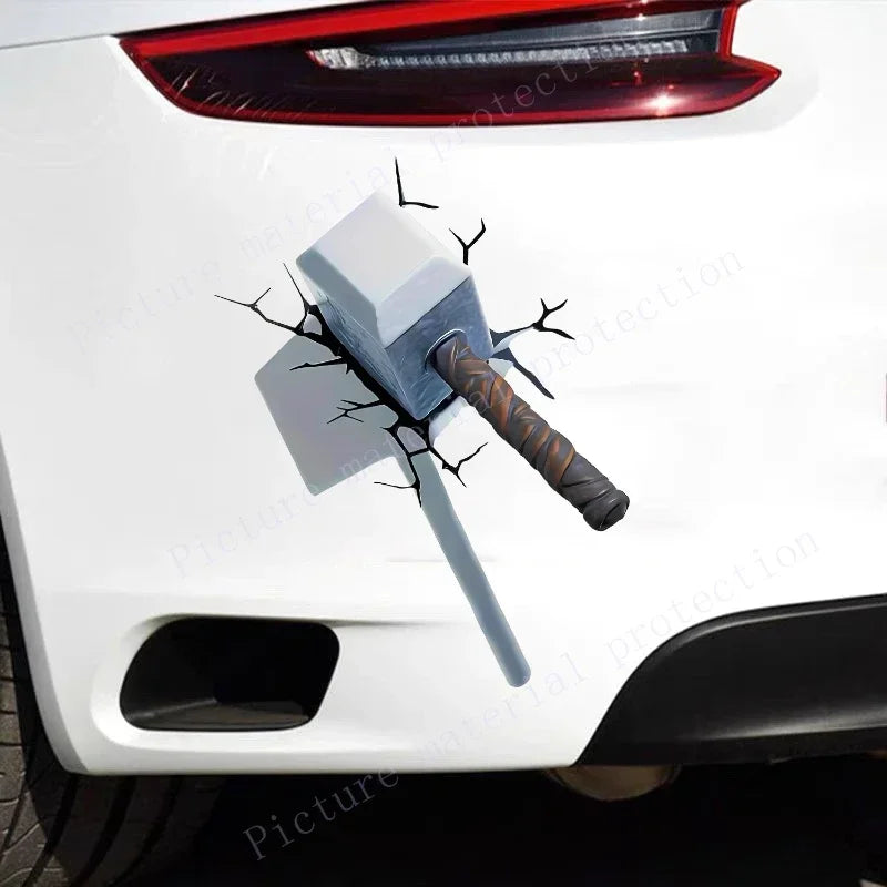 Eye-Catching 3D Crack Hammer Car Stickers for All-Terrain Vehicles Bumper Door Cover Scratches Scooter Body Waterproof Decals