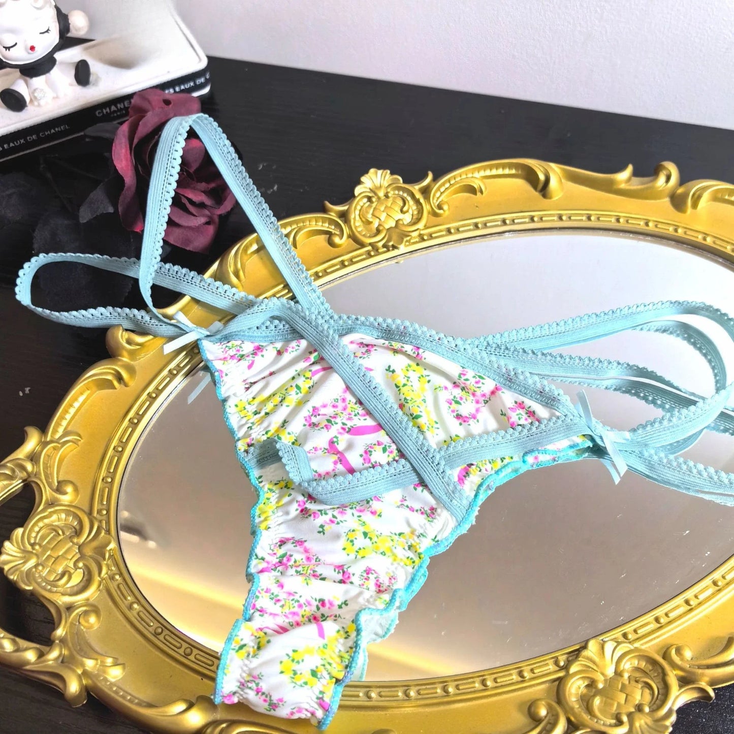 Ruffled Lovely Sweet Thong Briefs women Smooth Satin Panties Floral Printed T-back Underwear Bow Cross Strap Low Rise Underpants