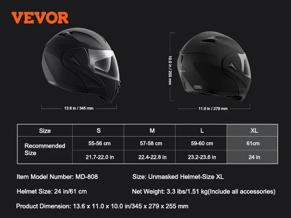VEVOR Motorcycle Helmet, Unmasked, Smart Street ABS & High Density Helmet with Interchangeable Lens, Fit for Youth and Adults