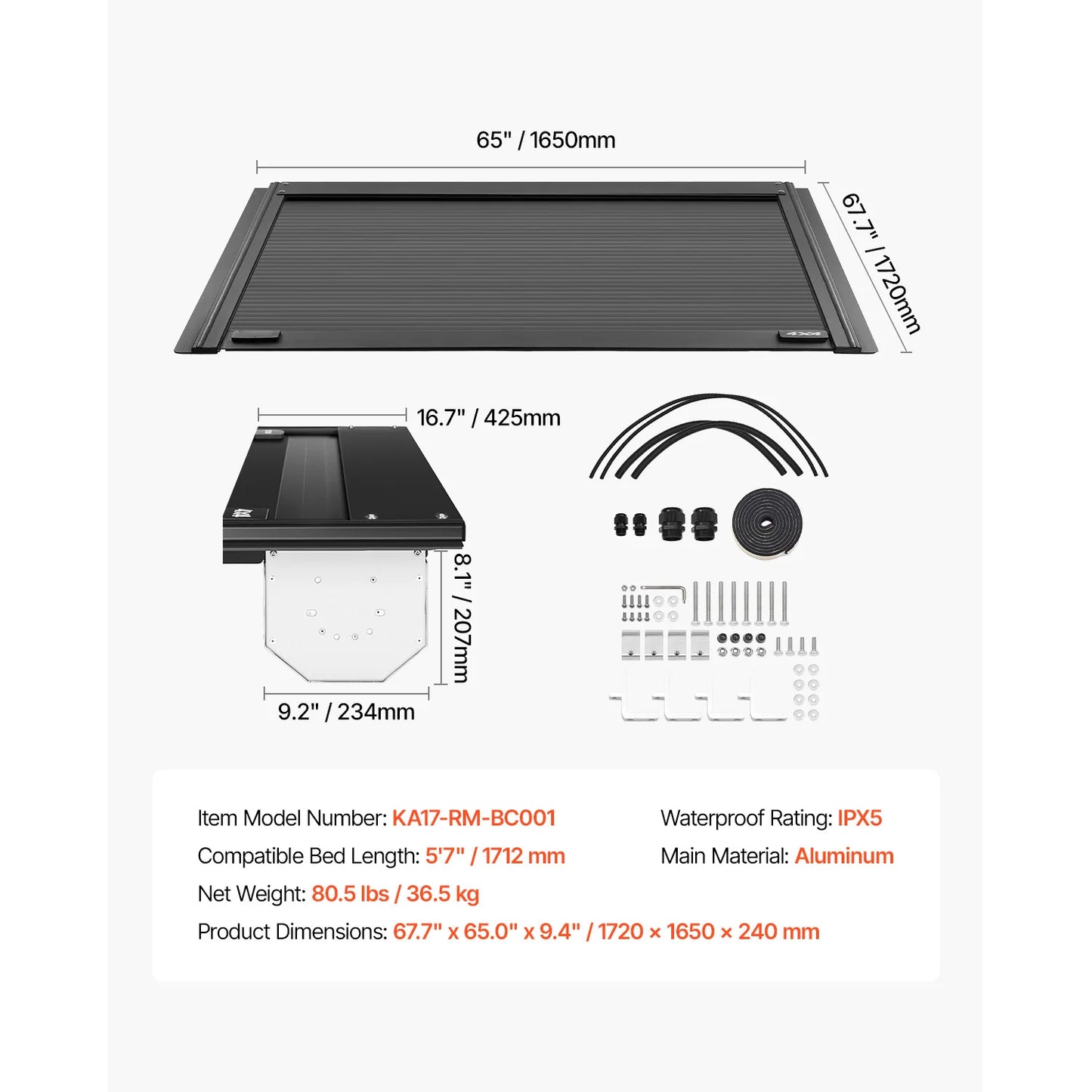 SucceBuy Retractable Tonneau Cover 5 7 FT Hard Cover with Built-in Drainage Pipe Double Lock T Slot for Dodge Ram 1500 Crew Cab