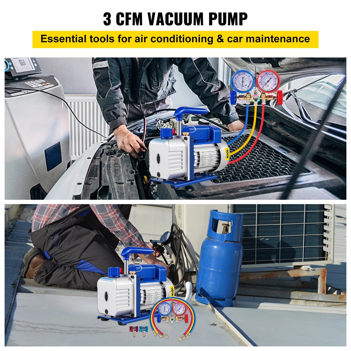 VEVOR 3CFM 84 L/M 1-Stage Refrigerant Vacuum Pump Refrigeration Gauges A/C Air Conditioning 1440 RPM 1/4 HP 3 pcs hoses 800 PSI