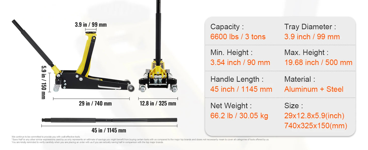 SucceBuy Car Jack 1.5-3T Floor Jack Aluminum&Steel Racing Jack W/ Single Pistons Quick Lift Pump Tire Change Lifting Repair Tool