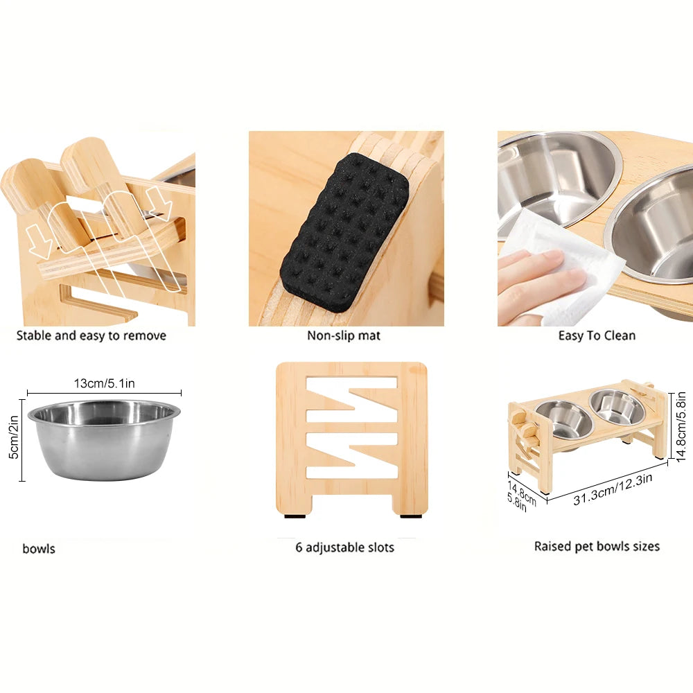 Adjustable Wooden Raised Dog Bowl Stand With 2 Stainless Steel Bowls For Small Dogs and Cats Sturdy Wooden Pet Food Feeder