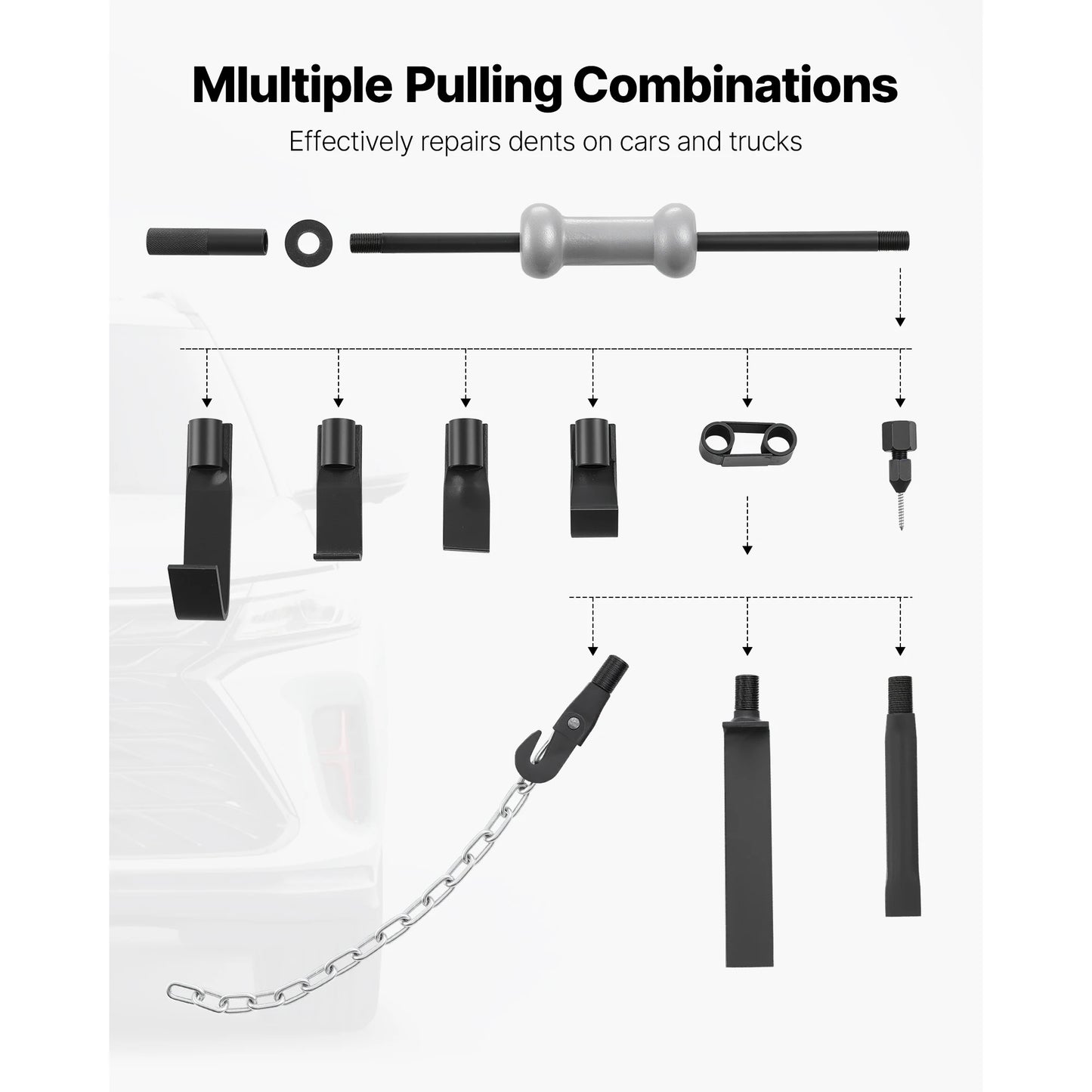 SucceBuy Dent Puller Kit 10/13 lbs 13/14-in-1 Hammer Auto Body Truck Repair Frame with Carry Case Extension Rod Non-Slip Handle