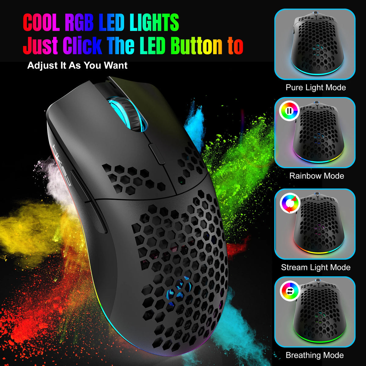 HXSJ T66 3-Mode 10000DPI Gaming Wireless Mouse RGB Luminous 650mAh Rechargeable 6 Buttons Macro Programmable Mice for PC Desktop