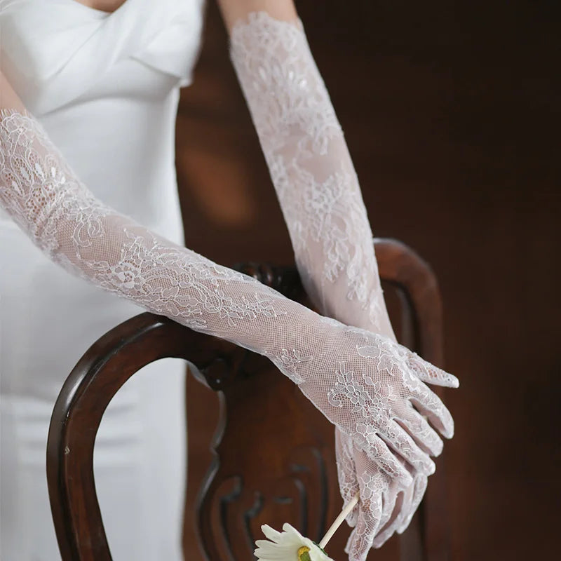 55cm Women Sexy Thin Lace Flower White Black Long Gloves Transparent Mesh Eyelash Tulle Bridal Wedding Party Dress Accessories