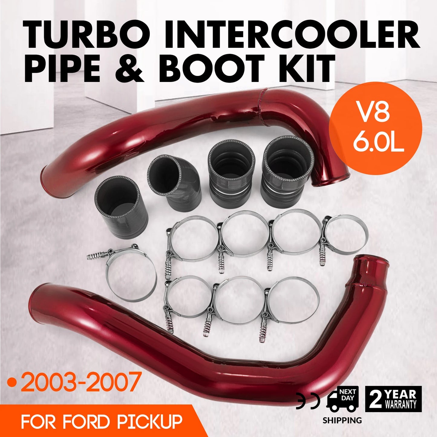 SucceBuy Red/Silver Silicone Turbo Intercooler Pipe Boot Kit CAC Tubes Piping Boost Hoses Kits for 03-07 Ford 6.0L Powerstroke