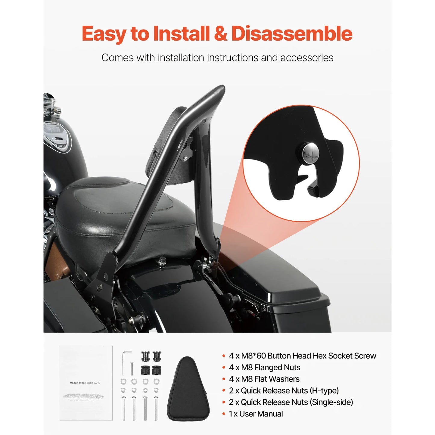 SucceBuy Motorcycle Backrest 16-29Inch Height Detachable Motorcycle Passenger Backrest Durable Metal Frame with Leather Rear Pad