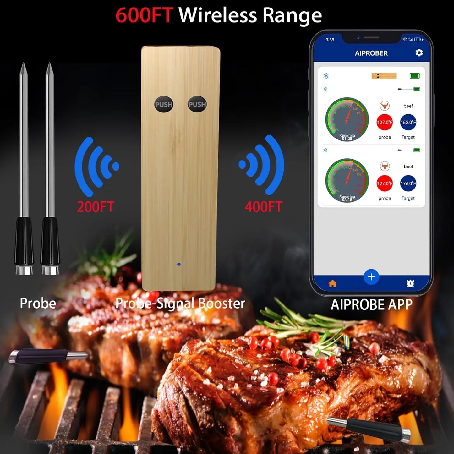Searke Wireless Bluetooth Meat Thermometer IP67 Waterproof Probes APP 500m Distance Rechargeable for Grilling Smoker BBQ Oven