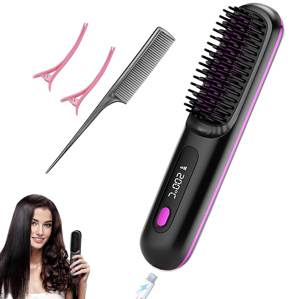 Hair Straightener Brush with LCD Display Cordless USB Charging Straightener Portable Mini Straightening Brush for Home Travel