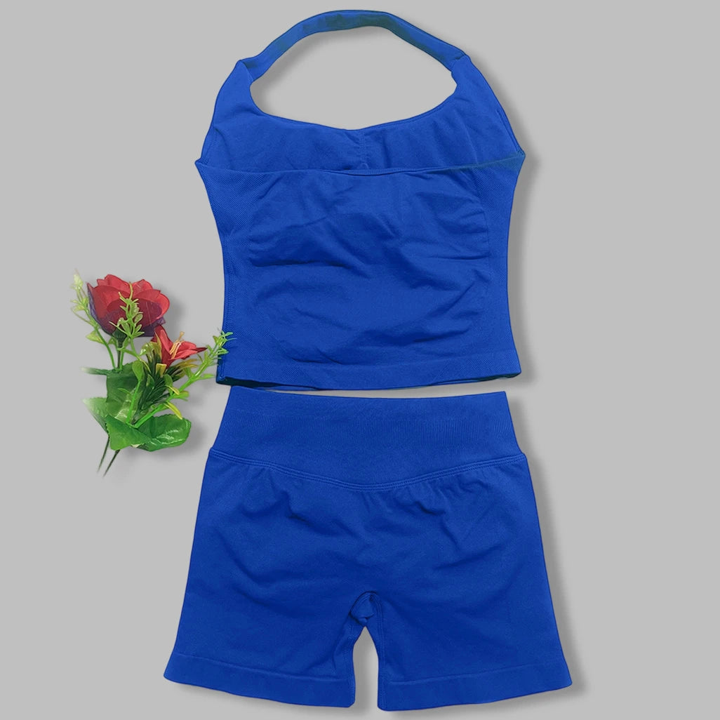 yoga outfits Women 2 pcs Sports DF Impact Set halterneck Backless Halter Top Seamless Scrunch Shorts Gym Workout Sports Suits