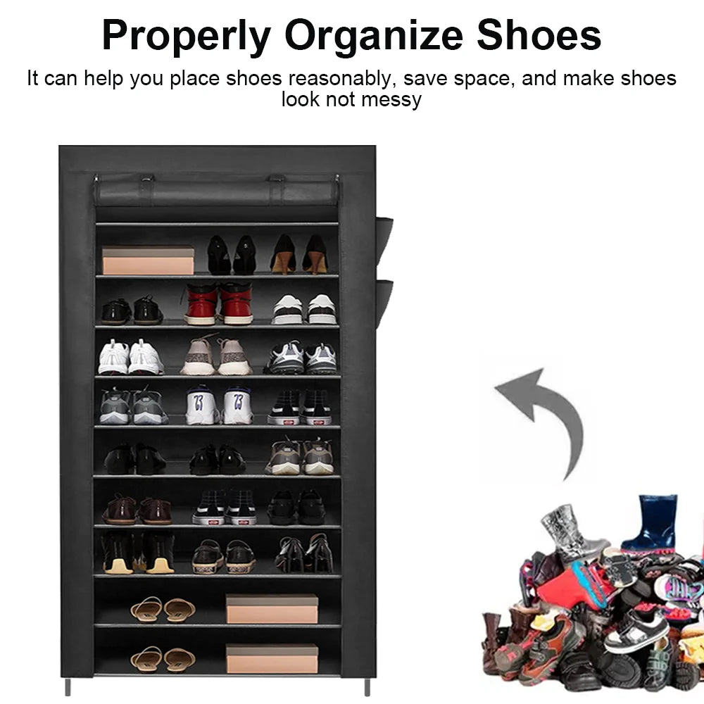 Shoe Rack 10 Tier Shelves Shoes Cabinet Storage 50 Pairs Steel Stand With Cover