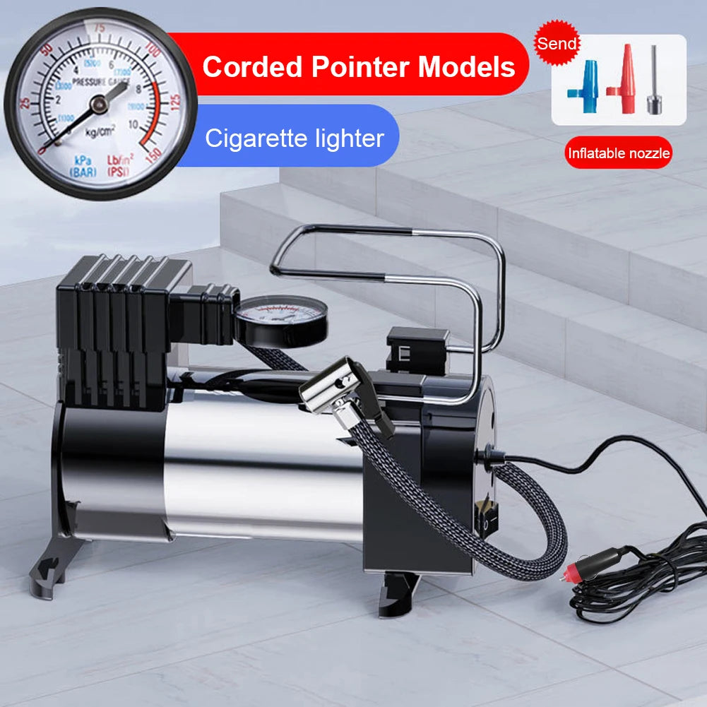 12V Car Tire Pump with Pressure Gauge Car Electric Air Pump Auto Inflatable Pump Heavy Duty Deluxe Portable Metal Air Compressor