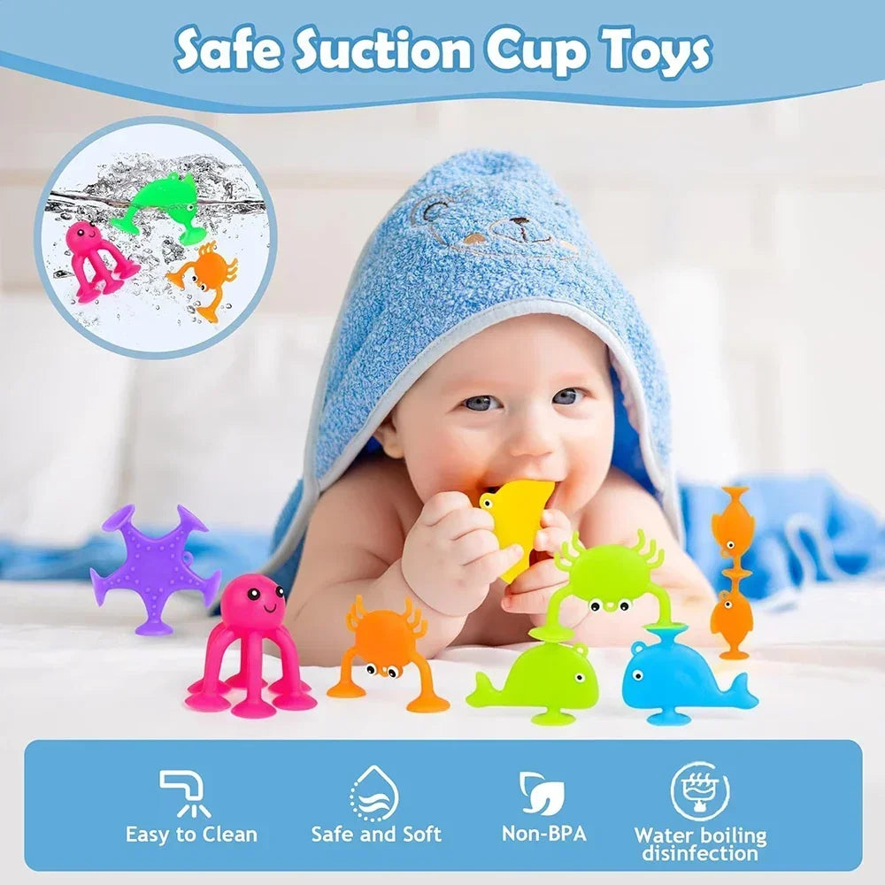 Baby Sucker Bath Toys for Kids Boys Girls Animal Shaped Suction Toys Parent-Child Interactive Game Window Travel Building Blocks
