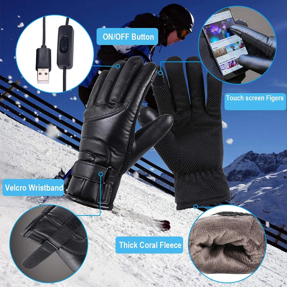 Leather Electric Heating Gloves Waterproof Outdoor Warm Hand Heating Gloves Touchscreen Hand Warmer for Hiking Skiing Fishing