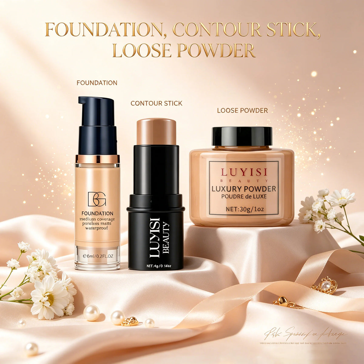 Facial Makeup Set:1PC Matte Foundation+1PC Contouring Stick+1PC Oil-Control Powder,Full Coverage,Waterproof And Sweatproof.