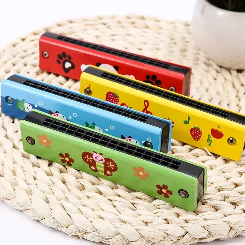 Children's wooden painted harmonica Montessori puzzle toy cartoon pattern children's musical instrument enlightenment music toy