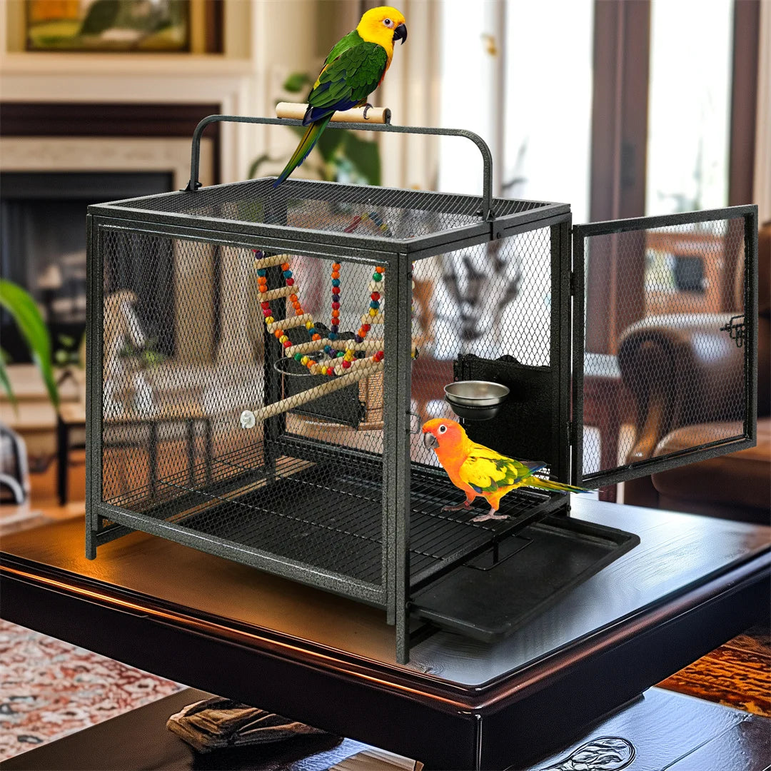 Portable Black Metal Flight Bird Cage Playpen with Hammock Swing Toy, Perch Stand for Parrots,Conure,Lovebird,Cockatiel,Budgies
